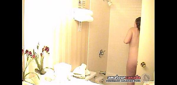  Chubby nerd teen hidden cam taking shower in motel